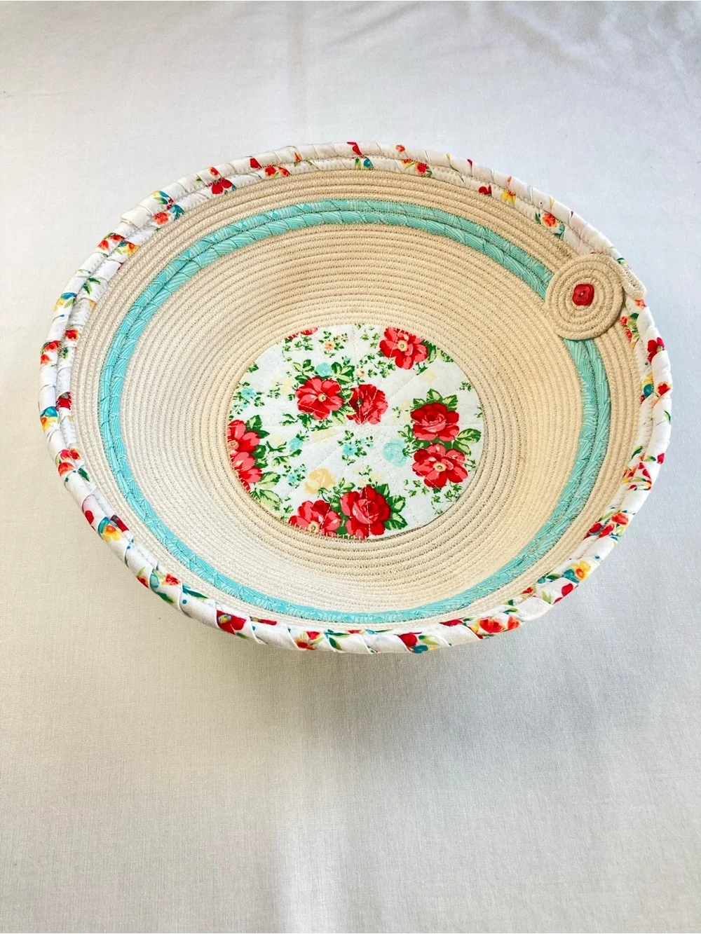 Handcrafted Coiled Fabric Floral Rope Bowl Farmhouse Pioneer Woman